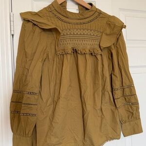 J. Crew Mustard Smocked Ruffle Yoke Top